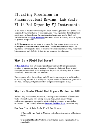 Elevating Precision in Pharmaceutical Drying Lab Scale Fluid Bed Dryer by VJ Instruments
