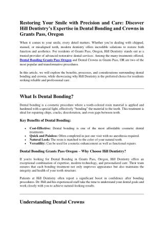 Restoring Your Smile with Precision and Care Discover Hill Dentistry’s Expertise in Dental Bonding and Crowns in Grants