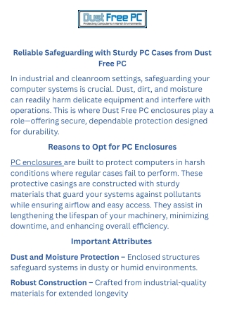 Dust Free PC  Premium PC Enclosures for Industrial & Clean Spaces