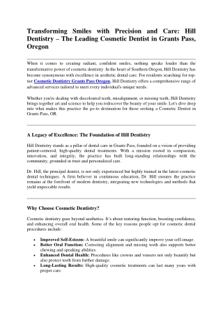 Transforming Smiles with Precision and Care Hill Dentistry – The Leading Cosmetic Dentist in Grants Pass, Oregon