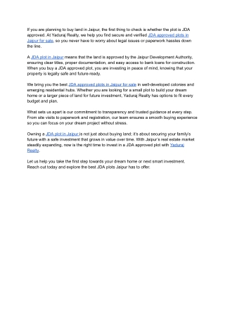 Own Your Dream Plot with Yaduraj Realty’s JDA Approved Plots in Jaipur for Sale