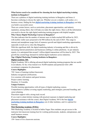 What factors need to be considered for choosing the best digital marketing training institute in Bangalore