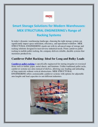 Smart Storage Solutions for Modern Warehouses MEK STRUCTURAL ENGINEERING's Range of Racking Systems