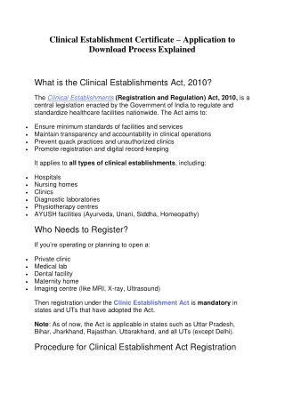 Clinical Establishment Certificate  Application to Download Process Explained