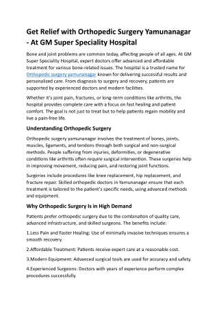 Get Relief with Orthopedic Surgery Yamunanagar - At GM Super Speciality Hospital