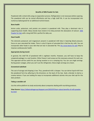 Benefits of Milk Powder for Sale