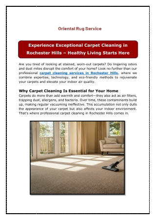 Experience Exceptional Carpet Cleaning in Rochester Hills – Fresh, Clean, and He