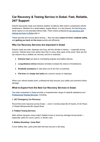 Car Recovery & Towing Service in Dubai: Fast, Reliable, 24/7 Support