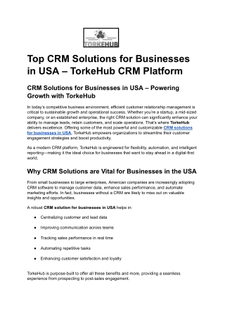 Top CRM Solutions for Businesses in USA – TorkeHub CRM Platform
