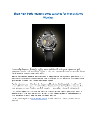 Shop High-Performance Sports Watches for Men at Ethos Watches