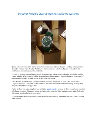 Discover Reliable Quartz Watches at Ethos Watches