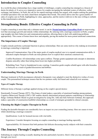 Strengthening Bonds: Effective Couples Counseling in Perth