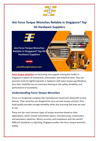 Are Force Torque Wrenches Reliable in Singapore? Top SG Hardware Suppliers