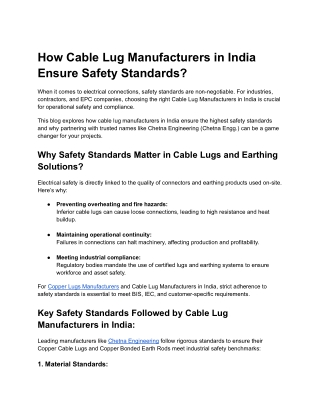 How Cable Lug Manufacturers in India Ensure Safety Standards? By Chetna Engg.