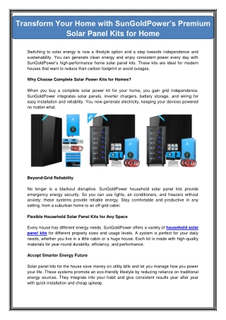 Transform Your Home with SunGoldPower’s Premium Solar Panel Kits for Home