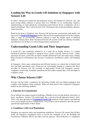 Leading the Way in Goods Lift Solutions in Singapore with Scissors Lift