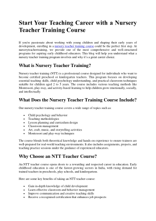 Start Your Teaching Career with a Nursery Teacher Training Course