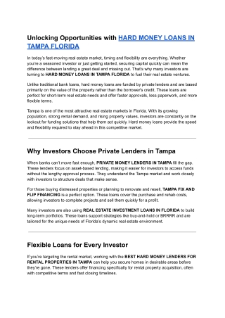 Unlocking Opportunities with HARD MONEY LOANS IN TAMPA FLORIDA