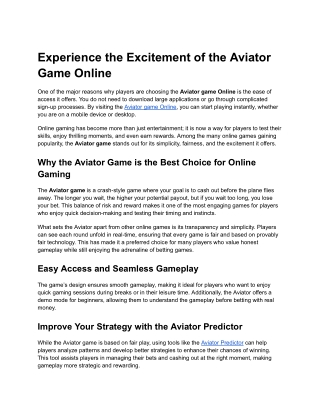 Experience the Excitement of the Aviator Game Online