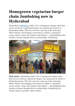 Homegrown vegetarian burger chain Jumboking now in Hyderabad