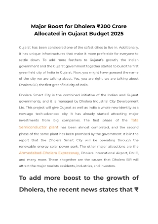 Major Boost for Dholera ₹200 Crore Allocated in Gujarat Budget 2025