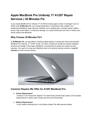 Apple MacBook Pro Unibody 17 A1297 Repair Services _ 30 Minutes Fix