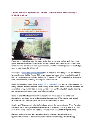 Ladies Hostel in Hyderabad – Where Comfort Meets Productivity at D’VAS Paradise