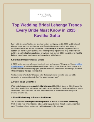 Top Wedding Bridal Lehenga Trends Every Bride Must Know in 2025 | Kavitha Gutta
