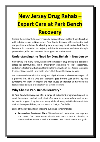 New Jersey Drug Rehab – Expert Care at Park Bench Recovery