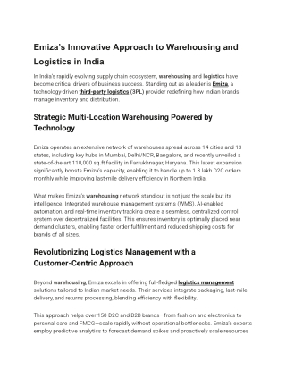 Emiza’s Innovative Approach to Warehousing and Logistics in India
