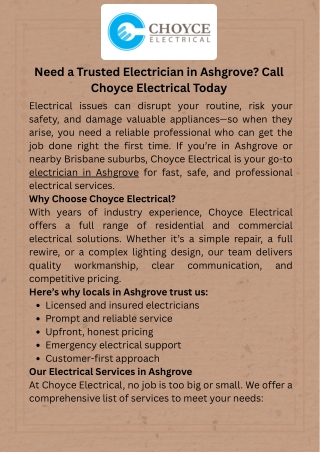 Need a Trusted Electrician in Ashgrove Call Choyce Electrical Today