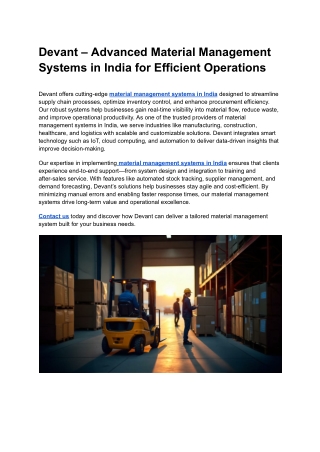 Devant – Advanced Material Management Systems in India for Efficient Operations