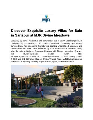 Discover Exquisite Luxury Villas for Sale in Sarjapur at MJR Divine Meadows