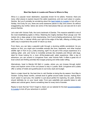 Must See Spots in Lusaka and Places to Where to Stay