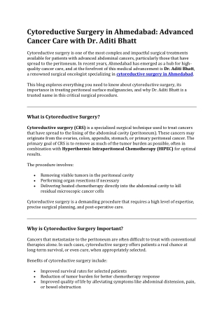 Cytoreductive Surgery in Ahmedabad: Advanced Cancer Care with Dr. Aditi Bhatt