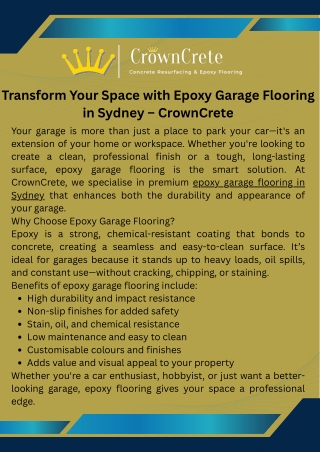 Transform Your Space with Epoxy Garage Flooring in Sydney – CrownCrete
