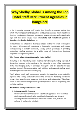 Why Shelby Global Is Among the Top Hotel Staff Recruitment Agencies in Bangalore