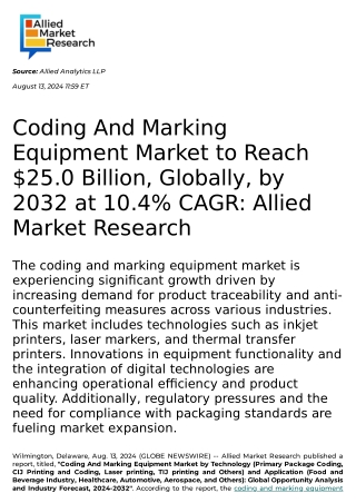 Coding And Marking Equipment Market to Reach $25.0 Billion, Globally, by 2032 at