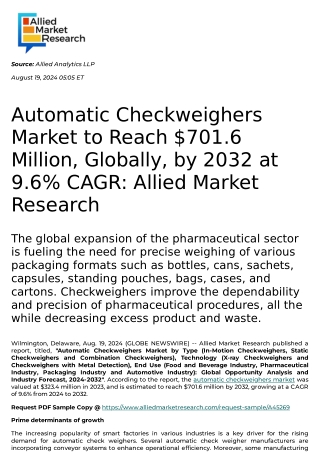 Automatic Checkweighers Market to Reach $701.6 Million, Globally, by 2032 at 9.6