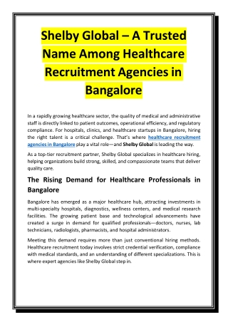 Shelby Global – A Trusted Name Among Healthcare Recruitment Agencies in Bangalore
