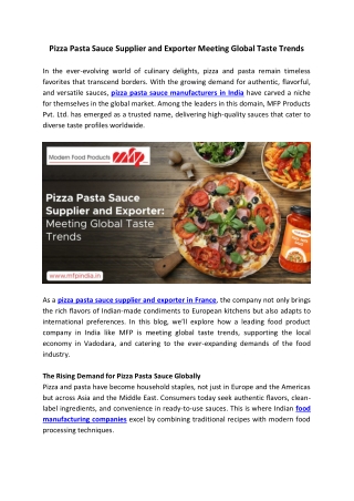 Pizza Pasta Sauce Supplier and Exporter Meeting Global Taste Trends