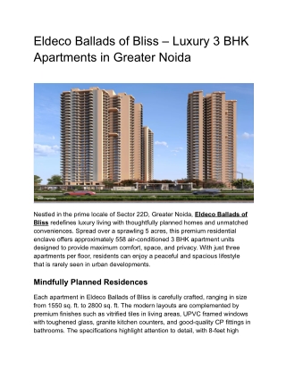 Eldeco Ballads of Bliss – Luxury 3 BHK Apartments in Greater Noida