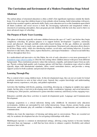 The Curriculum and Environment of a Modern Foundation Stage School