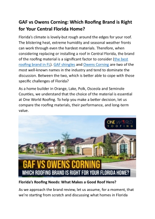 GAF vs Owens Corning: Which Roofing Brand is Right for Your Central Florida Home