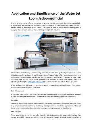 Application and Significance of the Water Jet Loom Jetloomsofficial