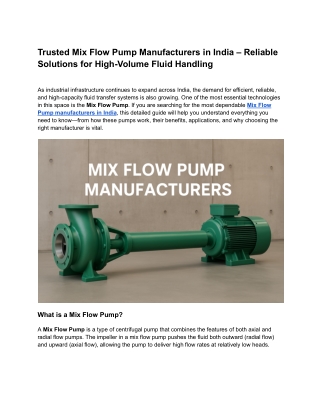 Trusted Mix Flow Pump Manufacturers in India – Reliable Solutions for High-Volume Fluid Handling