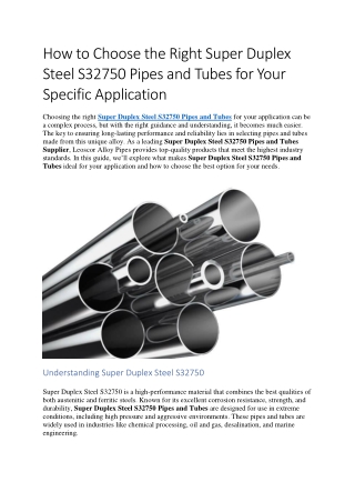 Choosing the Right Super Duplex Steel S32750 Pipes and Tubes for Your Applicatio