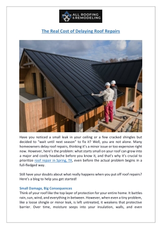 Roof Repair in Spring, TX | Why Delaying Costs More | ARR