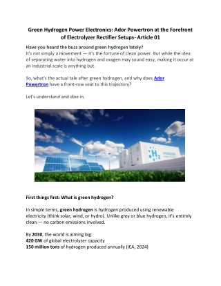 Green Hydrogen Power Electronics Ador Powertron at the Forefront of Electrolyzer Rectifier Setups- Article 01