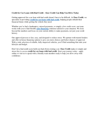 Credit for Car Loans with Bad Credit – Ezee Credit Can Help You Drive Today